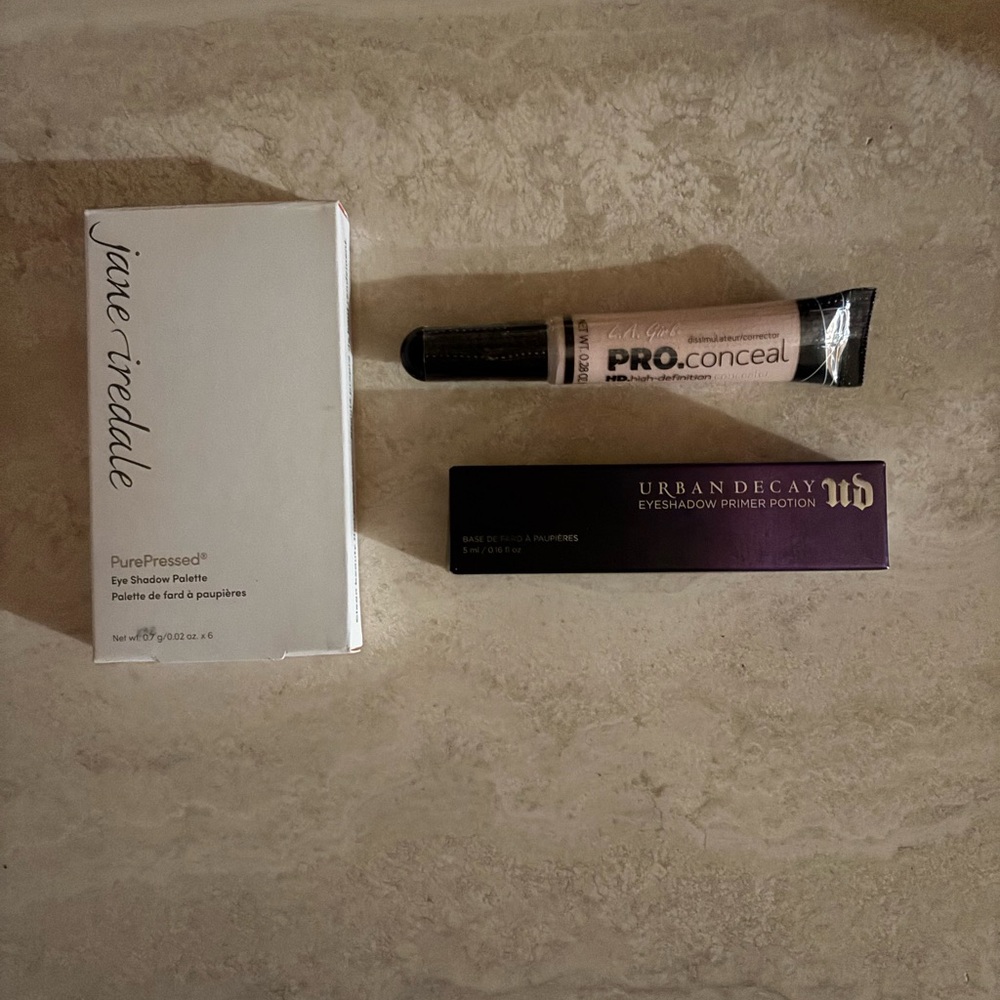 Urban Decay EyeshadowerPrimer, LA Girl Corrector, Jane Iredale Eyeshadow Palette